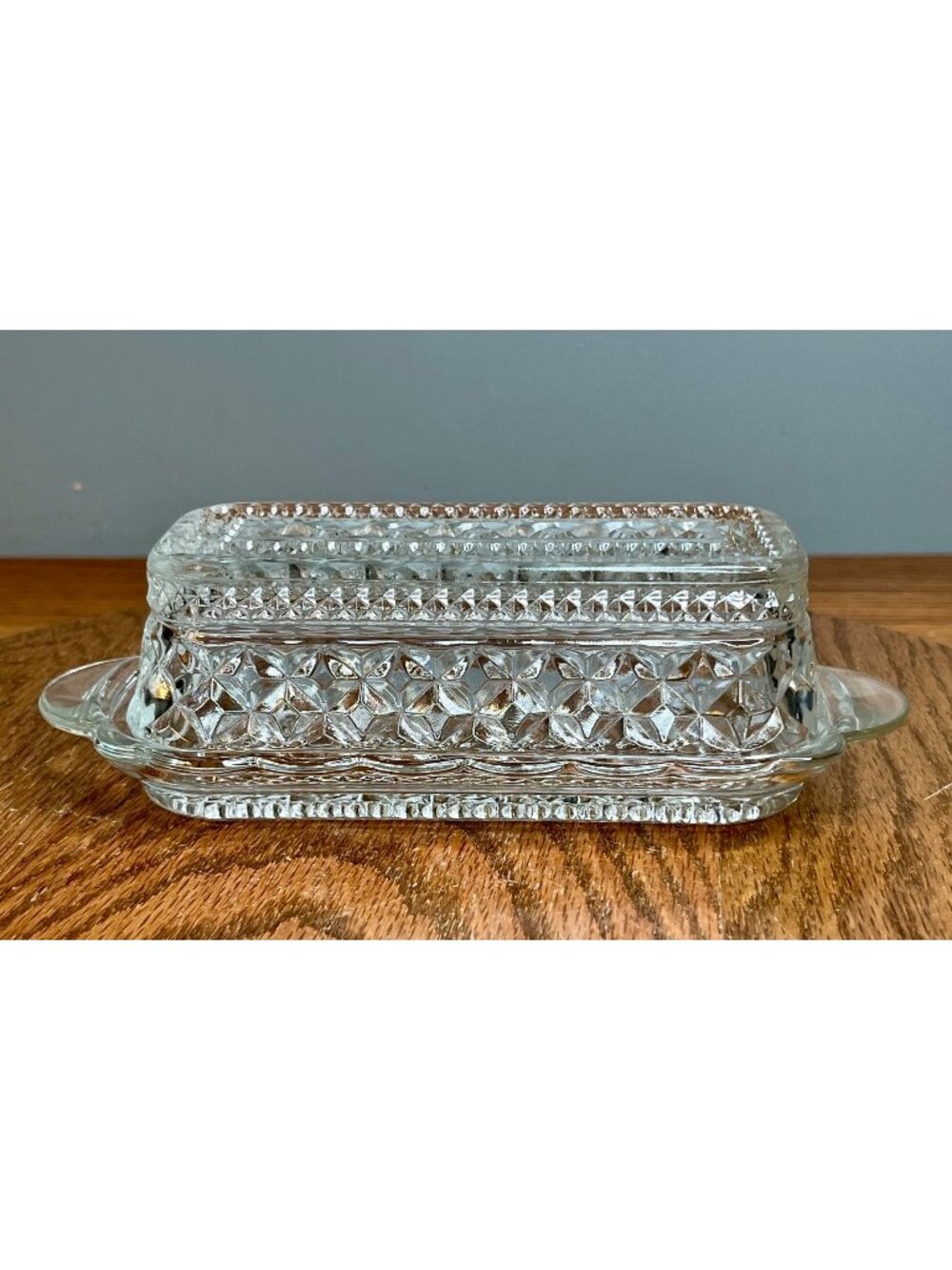 Vintage Anchor Hocking Wexford Clear Glass Butter Dish and Lid Diamond Cut Glass